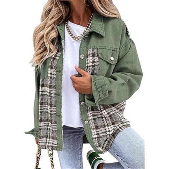 Womens Oversized Denim Jacket Casual Long Sleeve Button Down Plaid - Picture 7 of 7